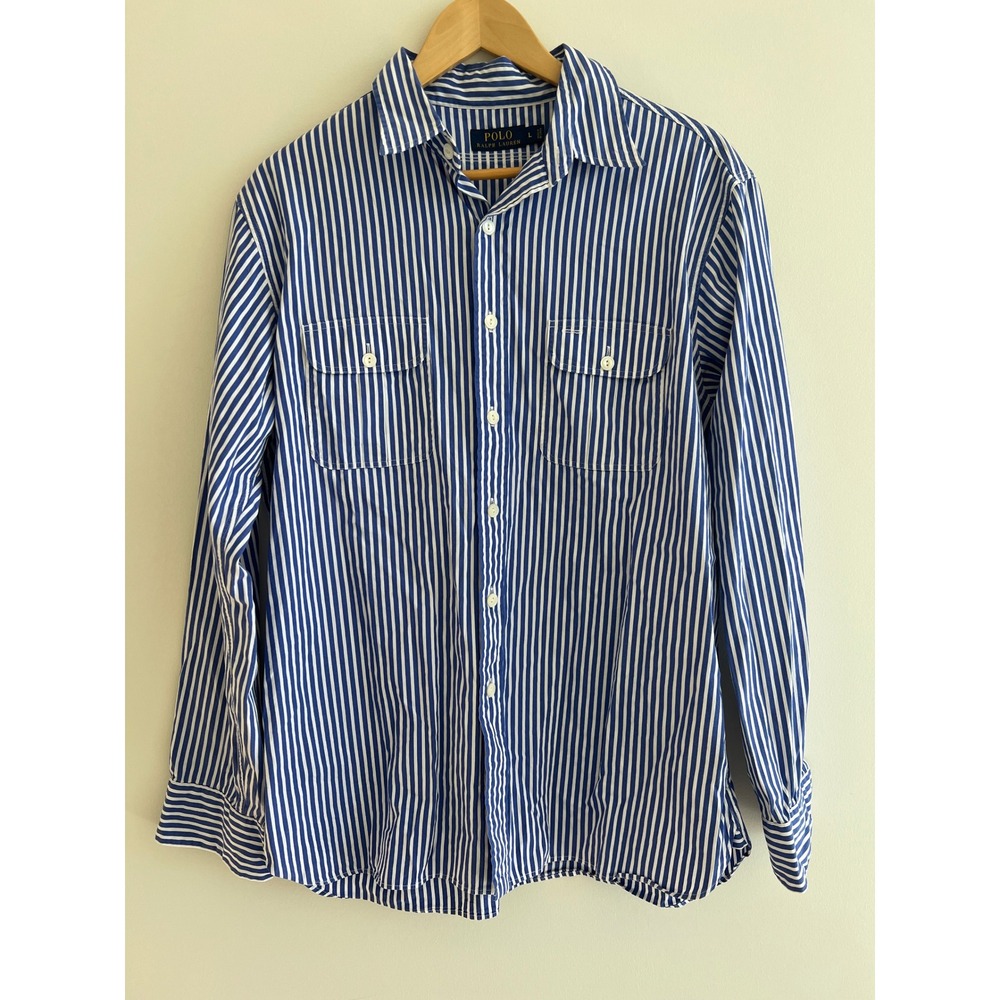Polo Ralph Lauren Blue White Stripe Cotton Button Down Shirt L Old Money Preppy